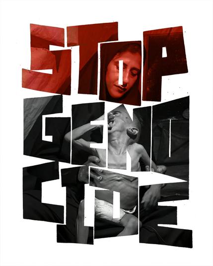 Lettering art ‘STOP GENOCIDE’ is overlaying a photo of a Palestinian mother holding her starving child.