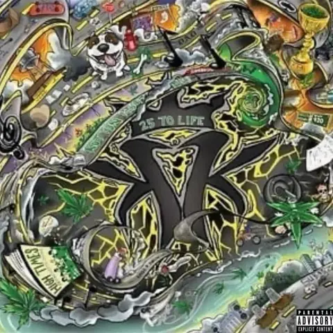 The album cover for 25 to Life by Kottonmouth Kings bursts with chaotic, cartoon-style energy, depicting a winding road twisting through a surreal landscape. The giant interlocking “KMK” logo dominates the center, outlined in electric yellow lightning-like cracks. Surrounding it is a collage of symbolic imagery—marijuana leaves, musical notes, a golden trophy, a pit bull grinning on the road, hourglasses, dice, and gravestones—suggesting themes of life, death, and hedonism. The road loops in roller coaster fashion, carrying miniature scenes: a concert crowd, a bong, street signs, and references to weed culture. The color palette is dominated by greens, yellows, and metallic grays, giving a gritty yet vibrant comic-book vibe. In the bottom right corner, the parental advisory label sits subtly within the busy composition.