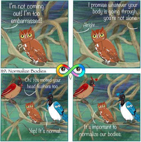 119: Normalize Bodies

Photo Description:
Panel 1: In the middle of winding branches zoomed in with various browns and greens is a screech owl named Nugget. She hears someone say from the left side, "I'm not coming out! I'm too embarrassed!"
There is a question mark next to Nugget. 

Panel 2: There's a response from the right side, "I promise whatever your body is going through, you're not alone."
The left responds, "Alright..."

Panel 3: The panel zooms out to reveal a cardinal named Paprika on the left and a blue jay named Pepper on the right. Both birds are missing most of their head feathers. 
Paprika, "Oh! You molted your head feathers too."
Pepper: "Yep! It's normal."

Panel 4: Nugget replies to them both, "It's important to normalize our bodies." There's a red heart above Paprika and a blue heart above Pepper.