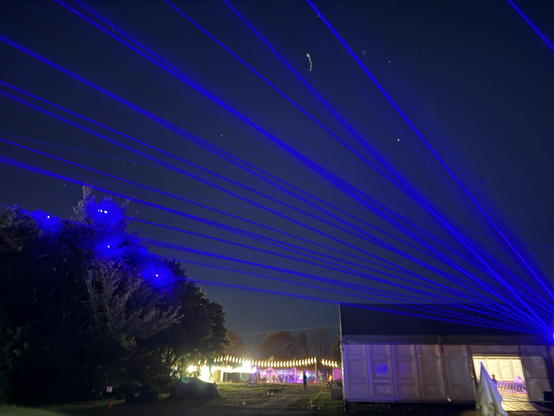 Lasers over team speakerdesk at night