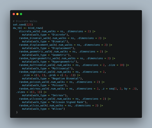 Here are all of the available Continuous and Discrete Random Walks in the RandomWalker package :)

#R #RStats #RandomWalker #Random #tidydata