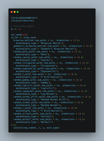 Here are all of the available Continuous and Discrete Random Walks in the RandomWalker package :)

#R #RStats #RandomWalker #Random #tidydata