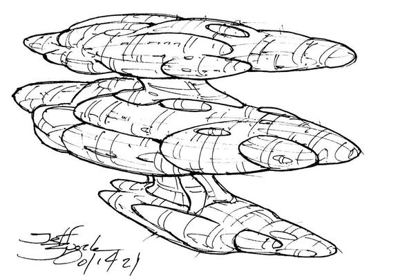 Black and white line art sketch of an imaginative sci fi spaceship. Each one is very different.