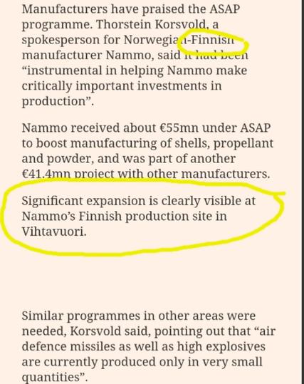 Manufacturers have praised the ASAP programme. Thorstein Korsvold, a spokesperson for Norwegian-Finnish manufacturer Nammo, said it had been “instrumental in helping Nammo make critically important investments in production”.

Nammo received about €55mn under ASAP to boost manufacturing of shells, propellant and powder, and was part of another €41.4mn project with other manufacturers.
Significant expansion is clearly visible at Nammo’s Finnish production site in Vihtavuori.
2
Similar programmes in other areas were needed, Korsvold said, pointing out that “air defence missiles as well as high explosives are currently produced only in very small quantities”.
Experts also believe that long-range strike capabilities remain a serious issue for Europe and Nato more broadly, as Russia is outpacing its adversaries.