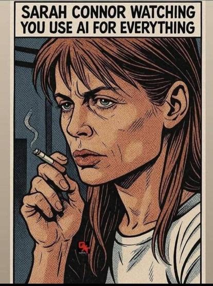 #Alt4You: a comic book style image of Sarah Conner looking exhausted and pissed off as she smokes a cigarette. Caption: "SARAH CONNER WATCHING YOU USE AI FOR EVERYTHING" thanks to @sallyStrange@eldritch.cafe  , the image is also highly likely AI generated, adding to the irony.