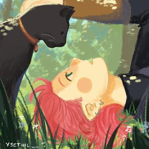 Digital painting with very textured brushes. A pink haired girl with pointed ears is resting on the grass, gently scratching her black cat standing above her, very close to her head.