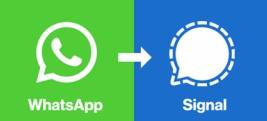 Una freccia bianca (al centro) simboleggia la migrazione da WhatsApp (logo bianco su sfondo verde, a sinistra) a Signal (logo bianco su sfondo blu, a destra)