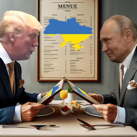 Tru,p and Putin are having dinner in Anchorage. The President of Ukraine is not invited. Hence the map of Ukraine is on the menue.