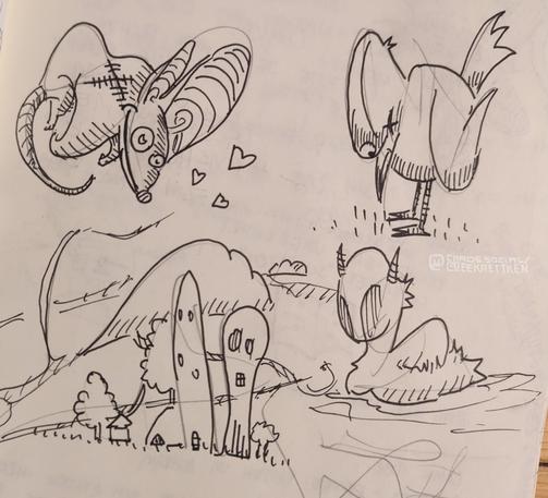 A dog-like creature with huge ears, hearts besides it. A bird with one eye. An abstract landscape with houses and trees. A creature with a duck-like body & a mystical head with horns.