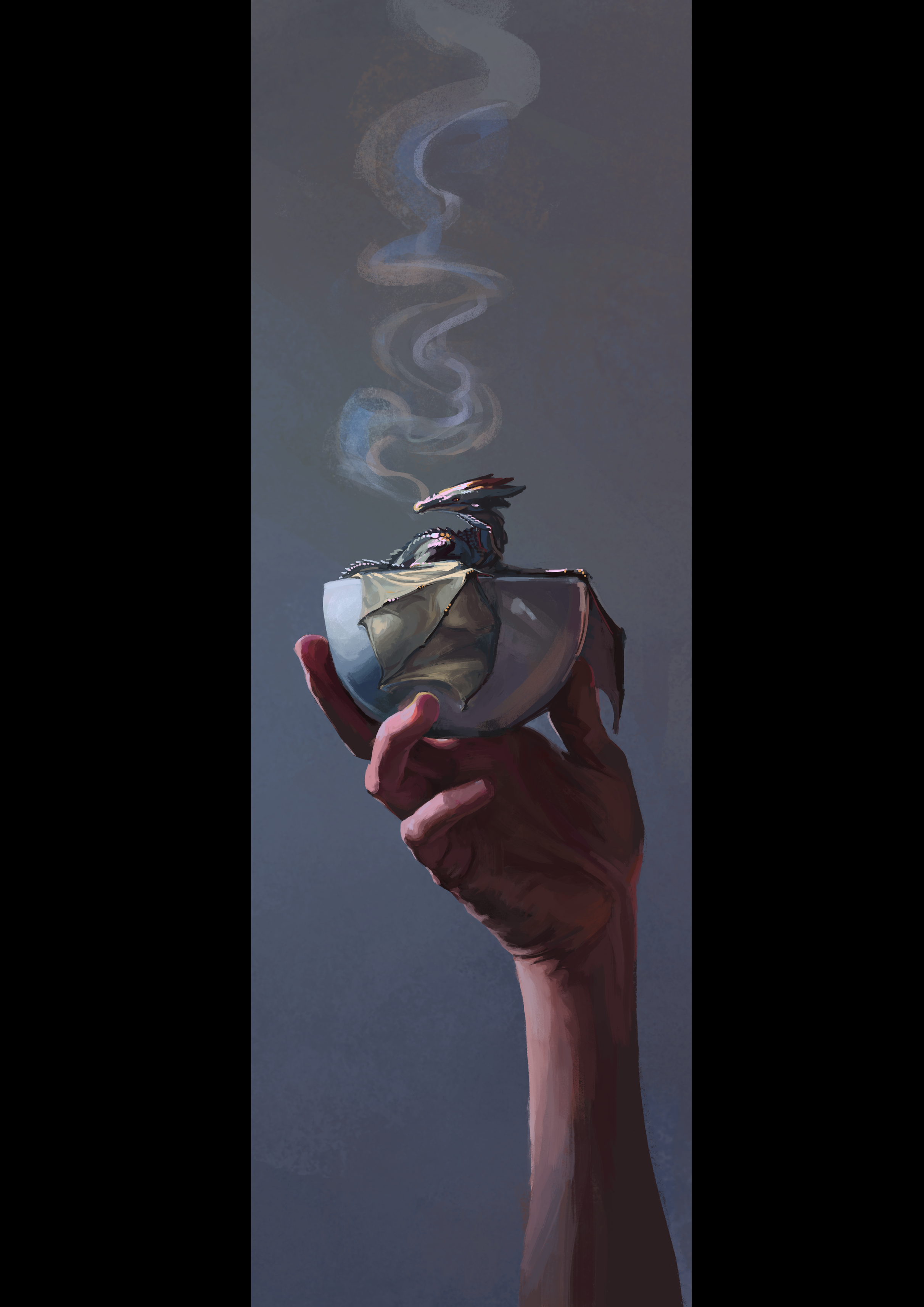 Digital painting of a hand holding a cup of steaming mini dragon. Smaugust 2025 entry by Petra Brandström for day 12: Porcelain, following the prompt list by Katy Lipscomb.