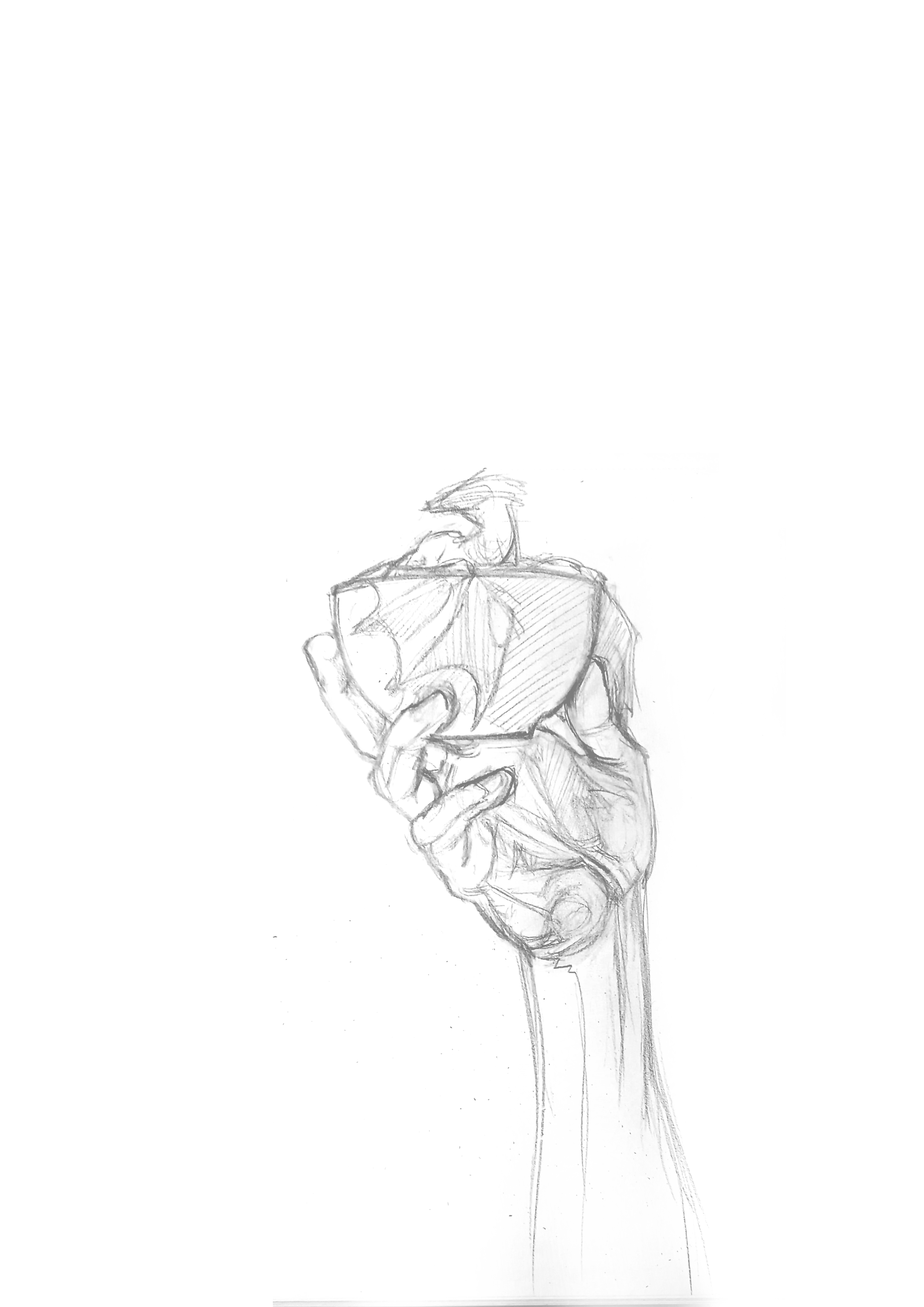 Pencil sketch of a hand holding a cup with a dragon in it.