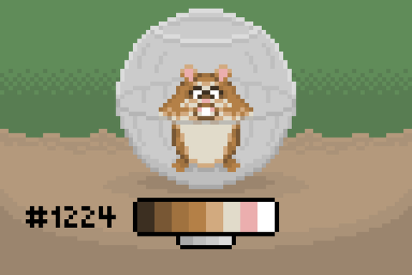 Pixel art of an intense-looking hamster standing in a hamster ball, modeled after Rhino from the movie Bolt.