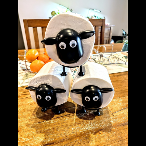 Toilet roll holders made to look like Shaun the Sheep.  There are three which, stacked, look like one sheep standing on the backs of the other two.  Currently sitting on the dining table.