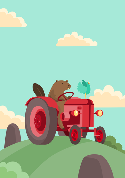 Vector illustration in muted tones of a beaver sitting on a red tractor on a hill. There's a happy bird standing on the front of the tractor, a few rocks and bushes on the hill and clouds in the blue sky.