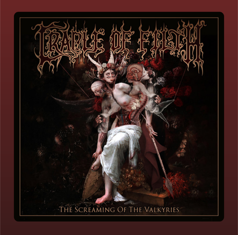 The album cover for *The Screaming of the Valkyries* by Cradle of Filth features a dark, surreal, and gothic artwork. The image showcases a nightmarish figure composed of multiple human forms fused together in a grotesque manner. The central figure appears to be a partially exposed, emaciated woman draped in a white cloth, with her ribcage and organs disturbingly visible. Surrounding her are additional distorted faces and limbs, creating a chaotic and unsettling composition. The background consists of deep red and black tones, with floral elements and shadowy figures adding to the eerie atmosphere.  

The band's name, *Cradle of Filth*, is prominently displayed at the top in an ornate, dripping gothic font, while the album title, *The Screaming of the Valkyries*, is written at the bottom in an elegant serif font. The overall aesthetic of the artwork aligns with the band’s signature dark and macabre themes, evoking a sense of horror and the supernatural.
