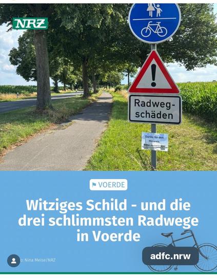 Bildbeschreibung (Deutsch):
Ein kombinierter Geh- und Radweg verläuft entlang einer Landstraße, gesäumt von Bäumen und Feldern. Direkt am Anfang steht ein blaues Gebotszeichen für Fußgänger und Radfahrer, darunter ein rotes Warndreieck mit Ausrufezeichen und dem Zusatz „Radwegschäden". Am Pfosten hängt zusätzlich ein kleiner Zettel mit der Aufschrift:
„Danke für den Hinweis. Bitte reparieren!". Die Szene wirkt wie ein Sinnbild für eine Verwaltung, die Probleme benennt, aber nicht behebt.
Image description (English):
A combined pedestrian and bicycle path runs alongside a country road, lined with trees and fields. At the beginning of the path stands a blue mandatory sign for pedestrians and cyclists, beneath it a red warning triangle with an exclamation mark and the text "Cycle path damage." Attached to the pole is a small note reading: "Thanks for the hint.
Please repair!" The scene feels like a metaphor for an administration that points out problems but does
not fix them.🖖