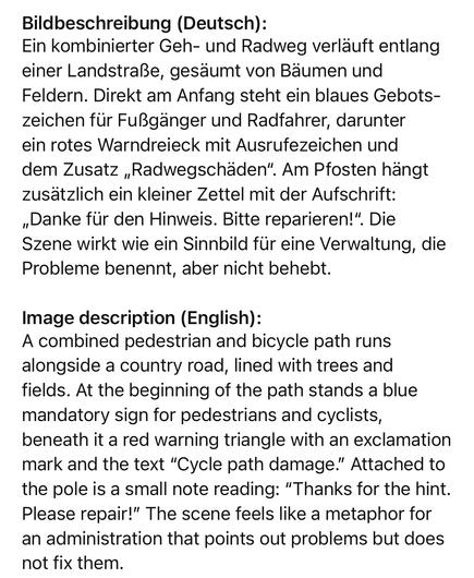 Bildbeschreibung (Deutsch):
Ein kombinierter Geh- und Radweg verläuft entlang einer Landstraße, gesäumt von Bäumen und Feldern. Direkt am Anfang steht ein blaues Gebotszeichen für Fußgänger und Radfahrer, darunter ein rotes Warndreieck mit Ausrufezeichen und dem Zusatz „Radwegschäden". Am Pfosten hängt zusätzlich ein kleiner Zettel mit der Aufschrift:
„Danke für den Hinweis. Bitte reparieren!". Die Szene wirkt wie ein Sinnbild für eine Verwaltung, die Probleme benennt, aber nicht behebt.
Image description (English):
A combined pedestrian and bicycle path runs alongside a country road, lined with trees and fields. At the beginning of the path stands a blue mandatory sign for pedestrians and cyclists, beneath it a red warning triangle with an exclamation mark and the text "Cycle path damage." Attached to the pole is a small note reading: "Thanks for the hint.
Please repair!" The scene feels like a metaphor for an administration that points out problems but does
not fix them.🖖