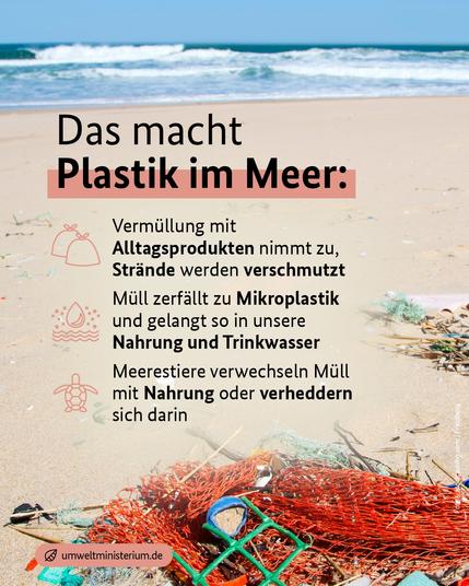 Informationsgrafik über Plastik im Meer mit einem Strandbild, Müll, und Text zum Problem der Verschmutzung. Hervorgehoben: Mikroplastik in Nahrung und Gefahren für Meerestiere.