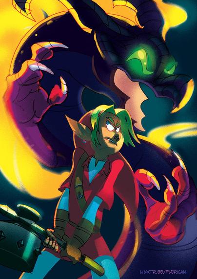 A digital illustration of Link from the Legeng of Zelda holding the megaton hammer. Volvagia the dragon is behind him