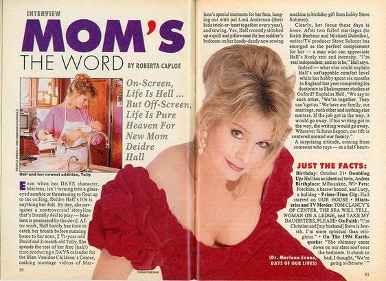 ALT: Soap Opera Digest – April 11, 1995 feature titled “Mom’s the Word,” spotlighting Deidre Hall’s off-screen life as a devoted mother and wife. A warm photo shows Hall cradling her newborn son Tully, radiating joy and serenity. The article contrasts Marlena’s demonic possession storyline with Hall’s grounded family life, highlighting her marriage to Steve Sohmer, her creative hobbies, and her spiritual reflections. A sidebar titled “Just the Facts” offers personal trivia, adding intimacy and charm to the spread