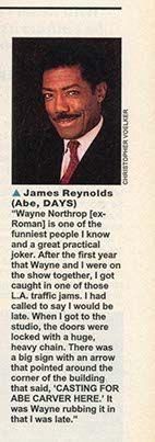 Soap Opera Digest – April 11, 1995 sidebar featuring James Reynolds (Abe Carver) sharing a humorous anecdote about Wayne Northrop (ex-Roman). A headshot of Reynolds in a dark suit and red tie anchors the page, smiling warmly. The story recounts Northrop’s prank during a traffic jam—locking studio doors and posting a sign reading “CASTING FOR ABE CARVER HERE”—highlighting Northrop’s mischievous charm and Reynolds’ fond recollection. The tone blends nostalgia, camaraderie, and behind-the-scenes levity.