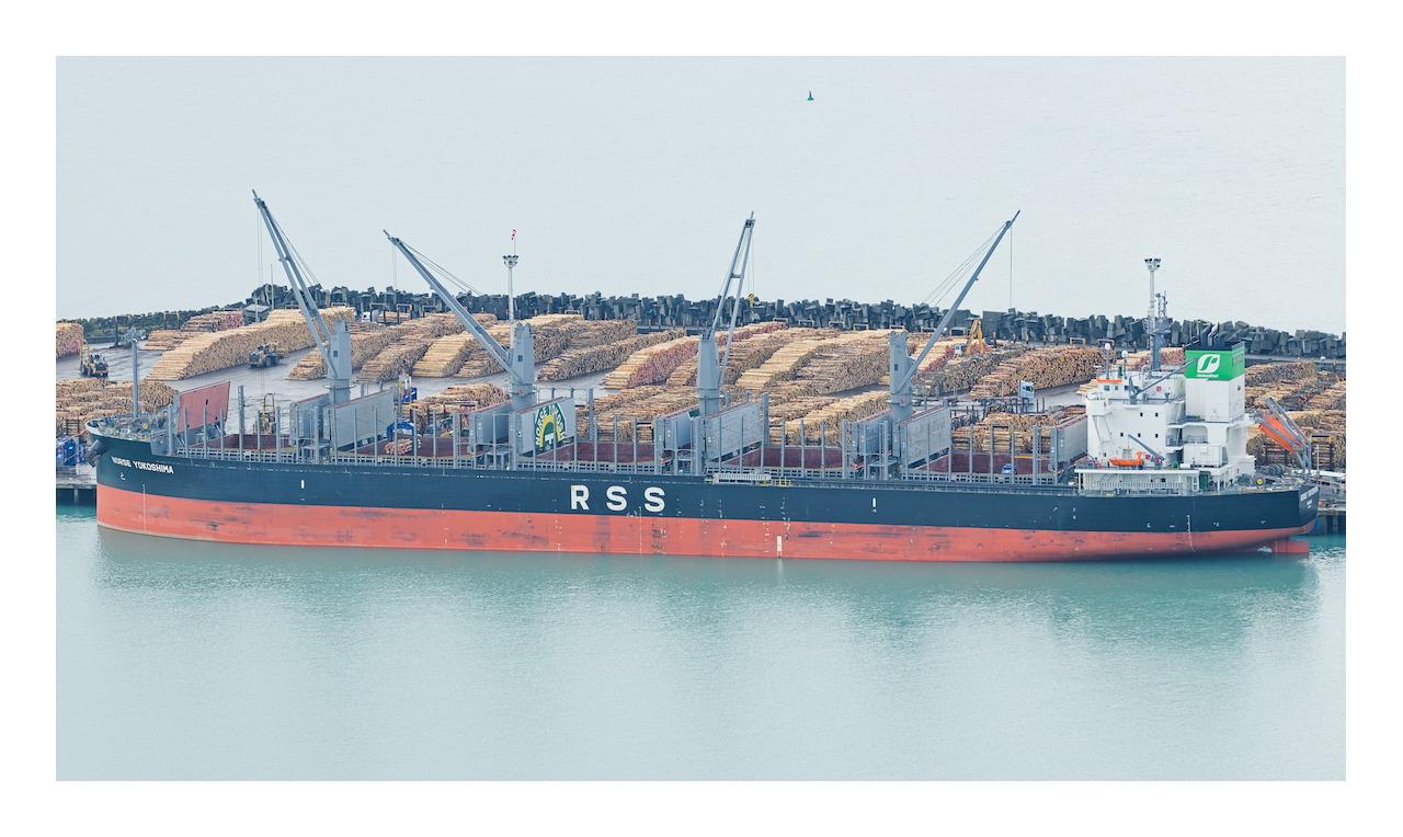 A log carrying ship in port with large letters RSS on the side. There's a wharf in the background with many stacks of logs ready for loading.