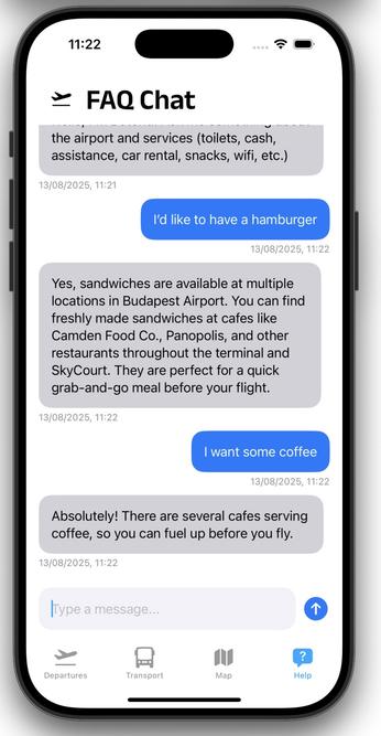 A smartphone screen displaying a chat interface with an FAQ about food options at Budapest Airport. The conversation includes requests for a hamburger and coffee, with responses detailing available sandwiches and cafes. The time stamp indicates the conversation took place on August 13, 202