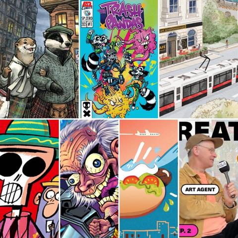 A collage of various illustrated artworks, including anthropomorphic animals, a comic book cover, a cityscape with a tram, a mad scientist, and an art agent speaking into a microphone.