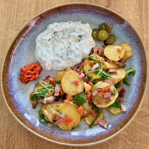 A close-up of my plate with the meal as described in the post.