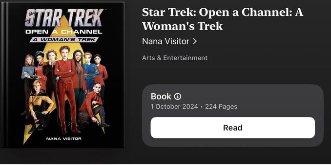 The image features the cover of the book "Star Trek: Open a Channel: A Woman's Trek" by Nana Visitor. It displays multiple female characters from the Star Trek universe, emphasizing themes of women in leadership.