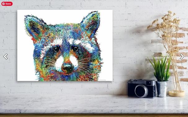 Colorful raccoon on white in a decor setting by artist Sharon Cummings.