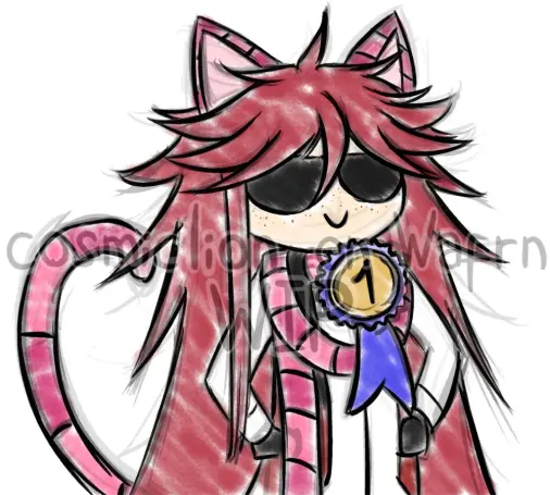 Digital roughly colored sketch of Grell Sutcliff from Black Butler (in her Cheshire Cat form from the Ciel In Wonderland OVA), drawn in chibi style from the waist up. She is wearing sunglasses and has a golden prize ribbon with the number 1 pinned to her chest. She is putting her hands on her hips and smiling proudly. The background is white.