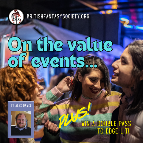The background image shows three female-presenting people laughing together while standing in a conference room covered in neon blue and pink lights.