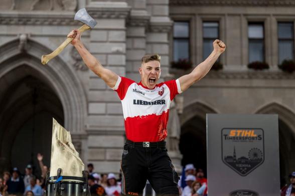 Szymon Groenwald of Poland performs during the STIHL TIMBERSPORTS® Rookie World Championship 2022 in Vienna, Austria on May 27, 2022.