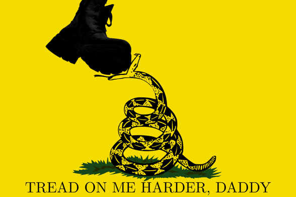 A black on yellow Gadsden Flag with the characteristic coiled rattle snake and serif font modified to read TREAD ON ME HARDER, DADDY with a rugged black boot being crammed into the rattlesnake's mouth.
