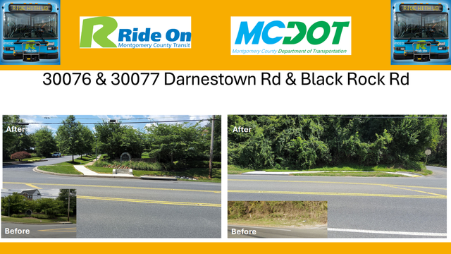ride on stops 30076 and 30077 darnestown road & black rock road - images of the bus stops before and after - ride on and mcdot logos