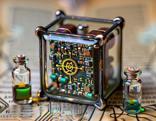 Ultra-miniature cube-shaped device with intricate circuitry and metallic accents, flanked by tiny glass alchemical vials containing green and gold liquid. Macro photography style.