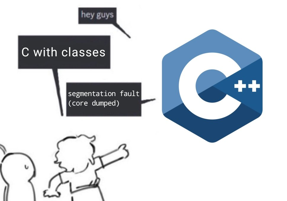 the hey guys meme with c++ and "C with classes" and instead of not my name it says "segmentation fault (core dumped)"