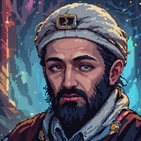 Retrato pixelado de un hombre con barba y mirada intensa, luciendo un gorro y una vestimenta histórica, con un fondo abstracto de colores brillantes.