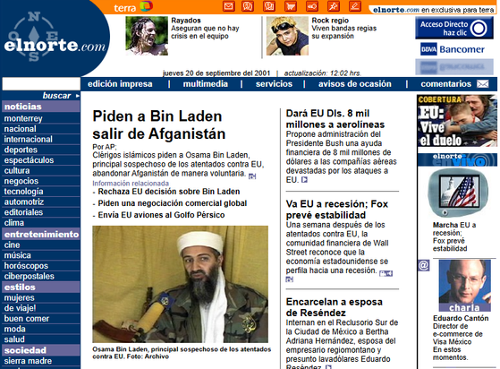 Captura de pantalla del sitio web El Norte, fechado el 20 de septiembre de 2001, con un titular sobre la solicitud a Osama Bin Laden de abandonar Afganistán y otros artículos relacionados con la situación en Estados Unidos tras los atentados del 11 de septiembre.