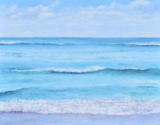 painting of a blue ocean in the early morning light. The clouds are soft and fluffy and there is a gentle breeze on a perfect summer morning. This ocean painting is a serene and peaceful depiction of a beautiful day at sea. The clear turquoise blue of the calm ocean evokes a sense of tranquility and relaxation, creating a calming and soothing atmosphere. In the distance, fluffy clouds can be seen on the horizon, adding a touch of visual interest and depth to the painting. The bright and vibrant hues of blue in the painting create a sense of depth and movement, as if the viewer is gazing out at the vast expanse of the ocean.
