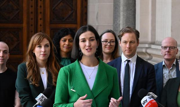 Victorian Greens Leader elect Ellen Sandell speaks during a Victorian Greens press conference in Melbourne. Photograph: James Ross/AAP