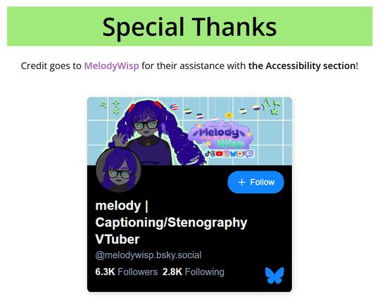 Screenshot taken of the newly added Special Thanks section under the Clipping Guidelines on Aiyoku's official website.
Shown is the light green heading that contains the section name with a line of text and a custom coded widget. Text reads: "Credit goes to MelodyWisp for their assistance with the Accessibility section!"
The widget is displaying Melody Wisp's current Bluesky banner and profile picture that show off their sheep themed VTuber model in its 3D form.