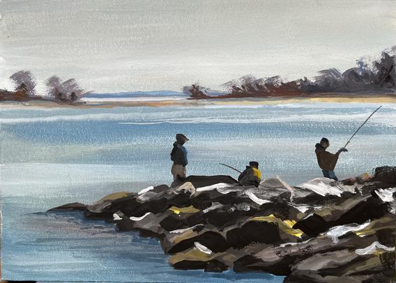 A painting of three people fishing from a rocky jetty extending into calm blue water. Two stand with fishing rods while the third sits, wearing a yellow scarf. In the background, a narrow strip of land with leafless trees separates the water from a pale, overcast sky.