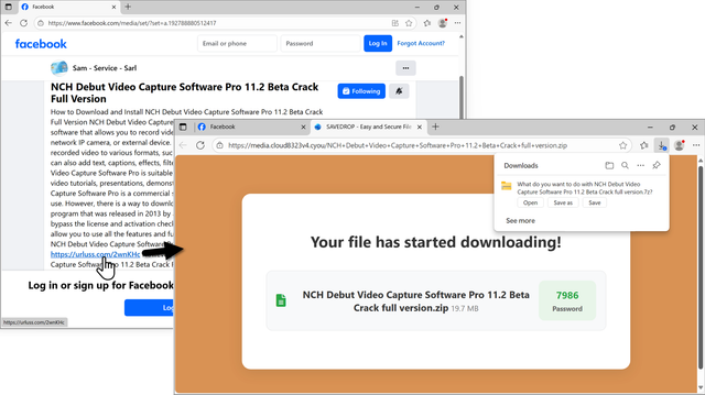 Screenshot of a Facebook post that linked to a page providing the password-protected 7-zip archive for Lumma Stealer.  The archive is named "NCH Debut Video Capture Software Pro 11.2 Beta Crack full version.7z" in an attempt to disguise it as a software crack.