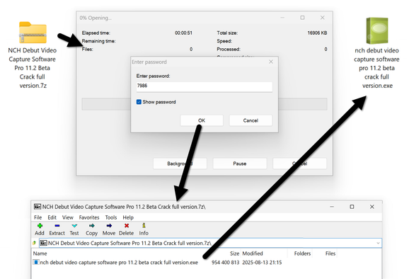 Extracting a malicious Windows executable file that will install Lumma Stealer from the password-protected 7-zip archive.  The extracted file is named "NCH Debut Video Capture Software Pro 11.2 Beta Crack full version.exe" in an attempt to disguise it as a software crack.