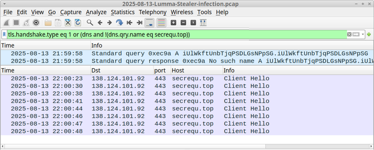 Traffic from the Lumma Stealer infection after running "NCH Debut Video Capture Software Pro 11.2 Beta Crack full version.exe" on a vulnerable Windows host.  Note the unusual DNS query for iUlWkftUnbTjqPSDLGsNPpSG.iUlWkftUnbTjqPSDLGsNPpSG that happened before the HTTPS Lumma Stealer C2 traffic to secrequ[.]top.