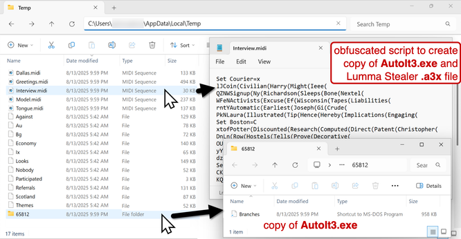 Files seen from the Lumma Stealer infection in the user's AppData\Local\Temp directory.  The .a3x file for Lumma Stealer wasn't on the disk when I conducted forensic analysis on the infected host.  Note that the file names and file extension (.midi) will be different if I try the same type of infection run again tomorrow.