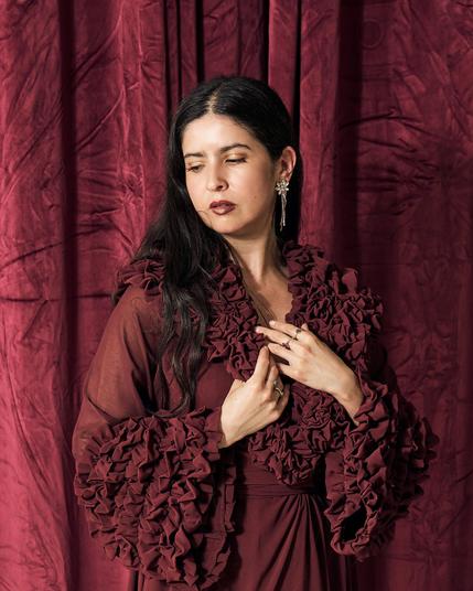 Woman in burgundy