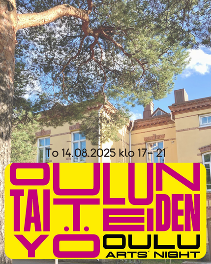 An announcement for an Oulun taiteiden yö (Oulu Arts' Night) event at Theodorinpuisto which shows the official magenta-on-yellow text logo for the city event and a pale photograph of the mustard yellow and red brick facade of the Theodorinpuisto former school building with a large old pine tree in the foreground. The date for the arts event is Thursday August 14, 2025 from 5pm to 9pm.
